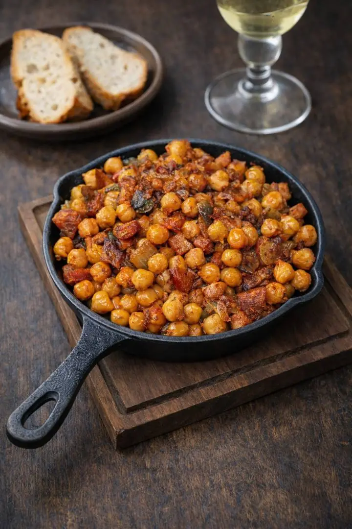 Garbanzos fritos con chorizo en sartén de hierro